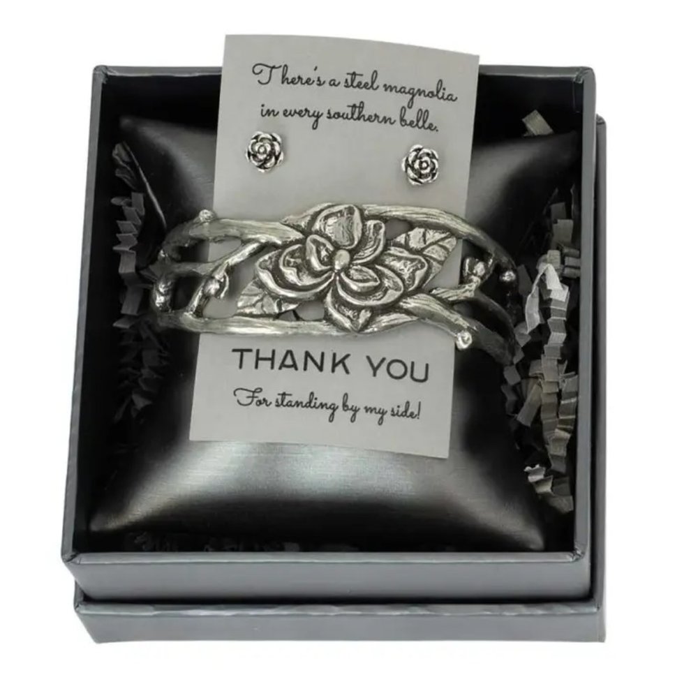 GORGEOUS Silver Steel Magnolia bracelet and Magnolia Studs---BRIDESMAIDS GIFT!